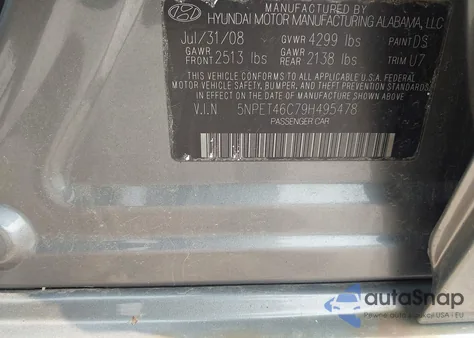 2009 Hyundai Sonata Gls из США, поврежденный, VIN 5NPET46C79H495478